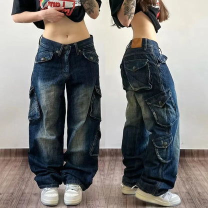 maoxiangshopStreet Vintage Jeans New Y2K Harajuku Wash blue Multiple pockets Baggy Jeans Denim Pants Mens Womens High Waist  Wide Trousers