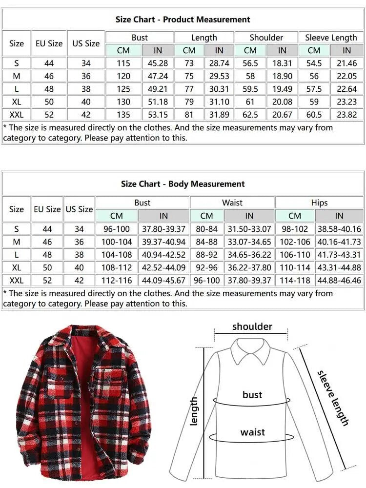 maoxiangshop Plaid Jacket for Men Fluffy Fleece Shirt Jacket with Pocket Button-up Faux Fur Sherpa Streetwear Topcoats