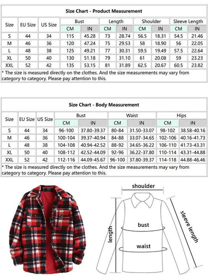 maoxiangshop Plaid Jacket for Men Fluffy Fleece Shirt Jacket with Pocket Button-up Faux Fur Sherpa Streetwear Topcoats