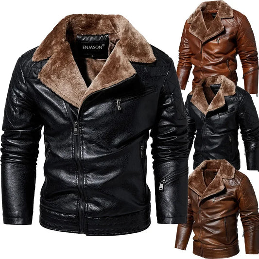 maoxiangshop New Winter Warm Leather Jacket Men Thick Fur Linner Fashion Male Motorcycle Parkas Coat Motorcycle PU Jackets Outwear Plus Size