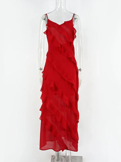 Elegant Red Chiffon Slip Dresses for Women Sexy Spaghetti Strap Backless Lace-up Ruffles Long Maxi Evening Party Prom Dress