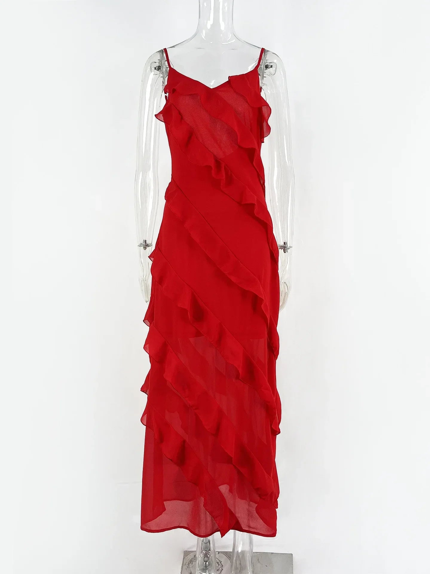 Elegant Red Chiffon Slip Dresses for Women Sexy Spaghetti Strap Backless Lace-up Ruffles Long Maxi Evening Party Prom Dress