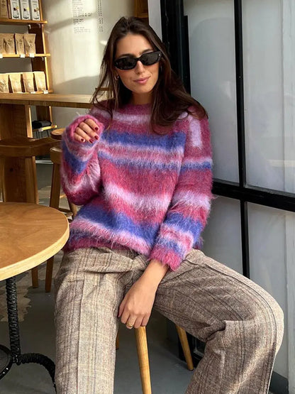 maoxiangshop O-neck Clashing Streak Printed Sweater For Women Casual Long Sleeve Spliced Jumper Fashion Lady Highstreet PulloverAutumn