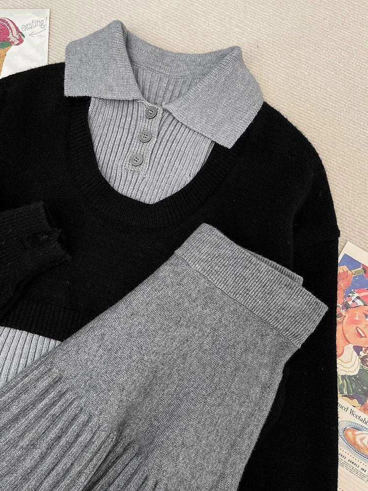 maoxiangshop  -  New Autumn Women's Knitted Three Pieces Sets Chic Office Ladies Pullover Sweater + High Waist Pleated Skirt Suits