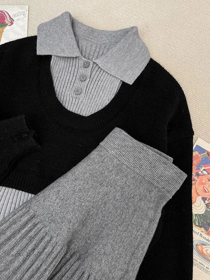 maoxiangshop  -  New Autumn Women's Knitted Three Pieces Sets Chic Office Ladies Pullover Sweater + High Waist Pleated Skirt Suits