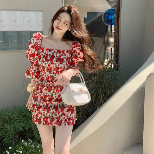 maoxiangshop Spring Summer Square Collar Floral Dress Women Temperament Slim Waist Bag Hip Skirt French Retro Dresses