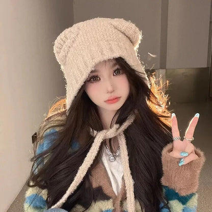 maoxiangshop Cute Bear Ear Wool Hat Winter Beanies Warm Lace-up Ear Protection Knitted Bomber Cap Bonnets Knitting Korea Women Warm Gorros