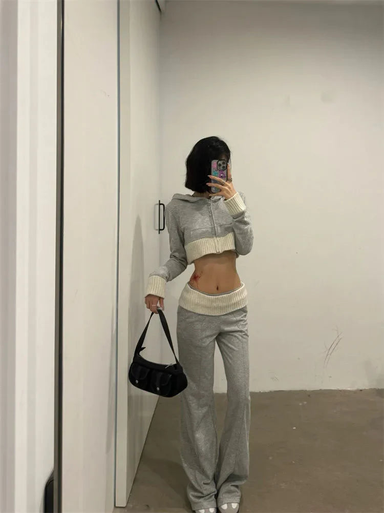 Women Korean Y2k Gyaru Outfits 2 Piece Set Patchwork Long Sleeve Cropped Hoodie + Elastic waist Long Trousers Baggy Sweat Pants