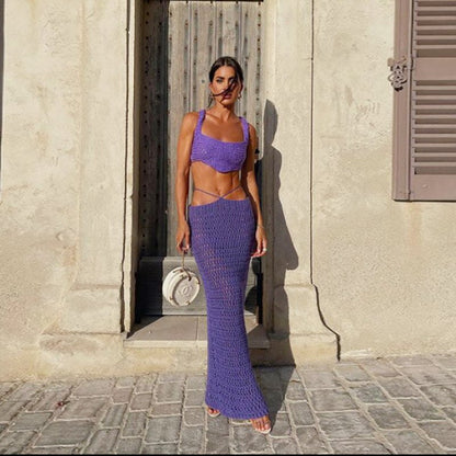 Two Piece Sets Summer Crop Top Maxi Skirt 2pcs Set Women High Street Elegant Party Outfit Sexy Knit Backless Tops Bodycon Skirt