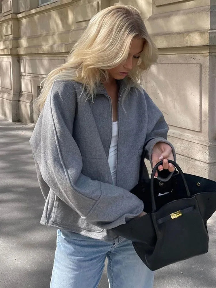 maoxiangshop -  Women Grey Lapel Patchwork Zipper Coat Long Sleeve Oversized Loose Autumn Jacket Chic Female Casual Commute Office Outwear
