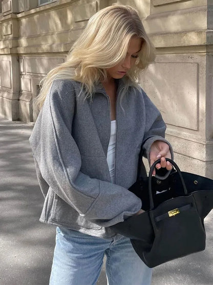 maoxiangshop -  Women Grey Lapel Patchwork Zipper Coat Long Sleeve Oversized Loose Autumn Jacket Chic Female Casual Commute Office Outwear