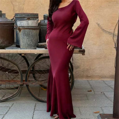 New Elegant Long Dresses Fashion Vintage Simple Round Neck Satin Flare Sleeve Lace Up Slim Evening Party Women Sexy Dress