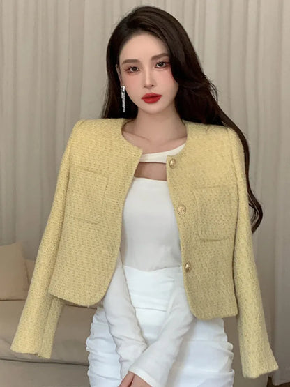 French Chic Small Fragrance Coat Women Autumn Winter Korean Fashion Casual Slim Tweed Jacket Female Woolen Short Outerwear Top