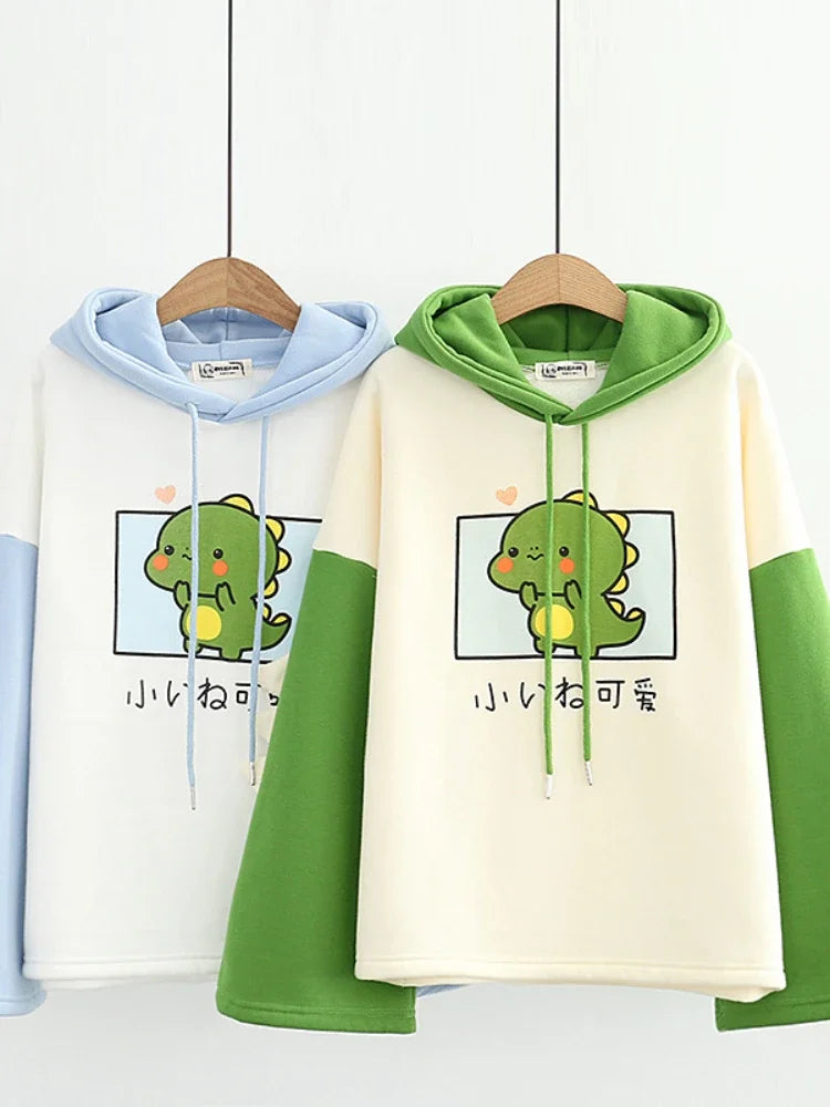 maoxiangshop Harajuku Kawaii Hoodies Cartoon Dinosaur Print Casual Women Winter Warm Fleece Hooded Cotton Sweatshirt Teen Girls Cute Top