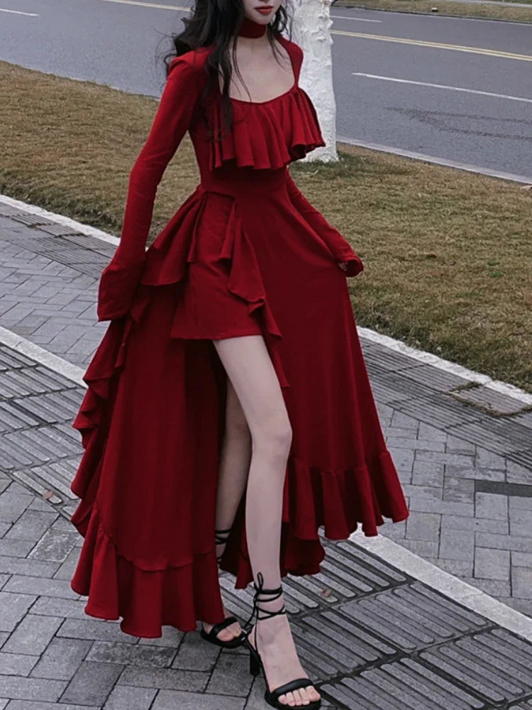 maoxiangshop Autumn Red Vintage Elegant Dress Women Flare Sleeve Designer Sweet Long Dress Female Ruffles Retro Princess Irregular Dress