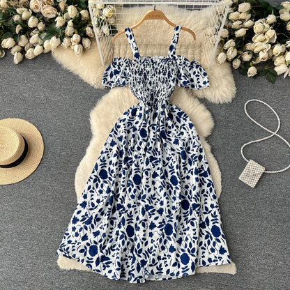 maoxiangshop Romantic Floral Print Long Summer Dress Women Fashion Off Shoulders Straps Vacation Beach Dress Korean Party Vestidos