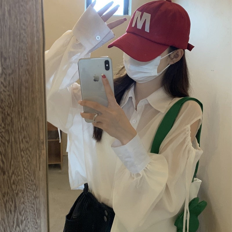 maoxiangshop Shirts Women Hole Temperament Sun-proof Ins Vacation Thin Korean Style Sheer Off-shoulder BF Summer Students Beach