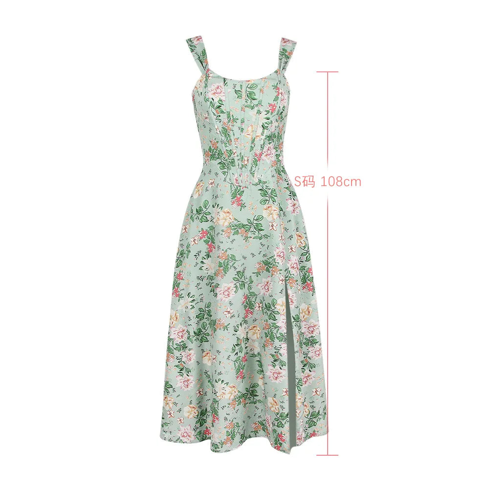 Summer Pink Floral Print Corset Dress Midi Elegant Sexy Party Dresses Holiday Birthday Casual A Line Women Clothing