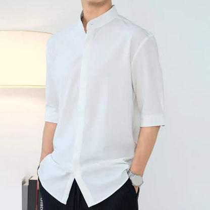 maoxiangshop Slim Fit Stand Collar Shirt Men Solid Color Shirt Stylish Stand Collar Men's Shirt for Business Commute Office Slim Fit Half
