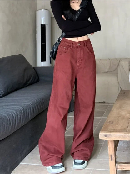 Y2K Red Baggy Jeans Women Oversize Denim Pants Acubi Fashion Loose High Waist Wide Leg Trousers Harajuku Streetwear