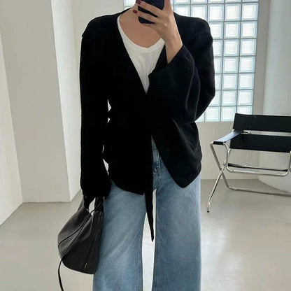 maoxiangshop  -  Elegant Knitted Cardigan With Belt Women Casual V-neck Long Sleeve Loose Sweater 2024 Autumn New Office Lady Lazy Tops Knitwear
