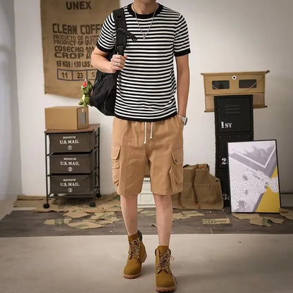 maoxiangshop Striped T-shirts Men Panelled Leisure American Style High Street Cozy Daily Versatile Hipster Classic Outdoor Summer Breathable