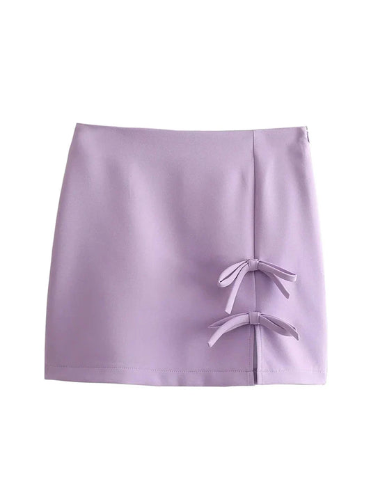 maoxiangshop  -  Cute Bow Knotted Spring Purple Mini Skirts 2024 Summer High Waist Casual Side Zipper Fly Straight Short Skirt