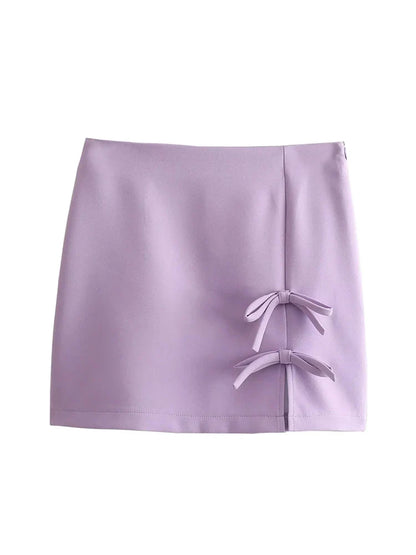 maoxiangshop  -  Cute Bow Knotted Spring Purple Mini Skirts 2024 Summer High Waist Casual Side Zipper Fly Straight Short Skirt