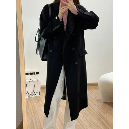 maoxiangshop Winter Thick Office Lady Long Wool Coat Elegant Fashion Faux Wool Jacket Women Simple Grey Long Sleeve All Match Outwear