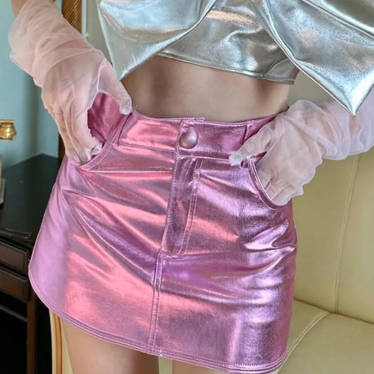 maoxiangshop Y2k Pink Metallic Fashion Hot Girls Short Skirt Pockets Slim Fit Bright High Waist Korean Fashion Halfskirt Women Clothing