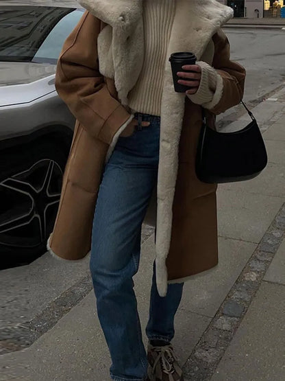 maoxiangshop  -  Fur Lined And Suede Integrated Long Coat Women Turn-down Collar Loose Pocket Trendy Single Breasted Outwear 2024 Winter Chic Top