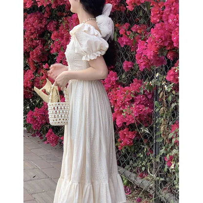 maoxiangshop Elegant Square Collar White Dress Summer Fashion Puff Sleeve Ruffle Dress for Women 2024 Chic Vintage Maxi Dresses