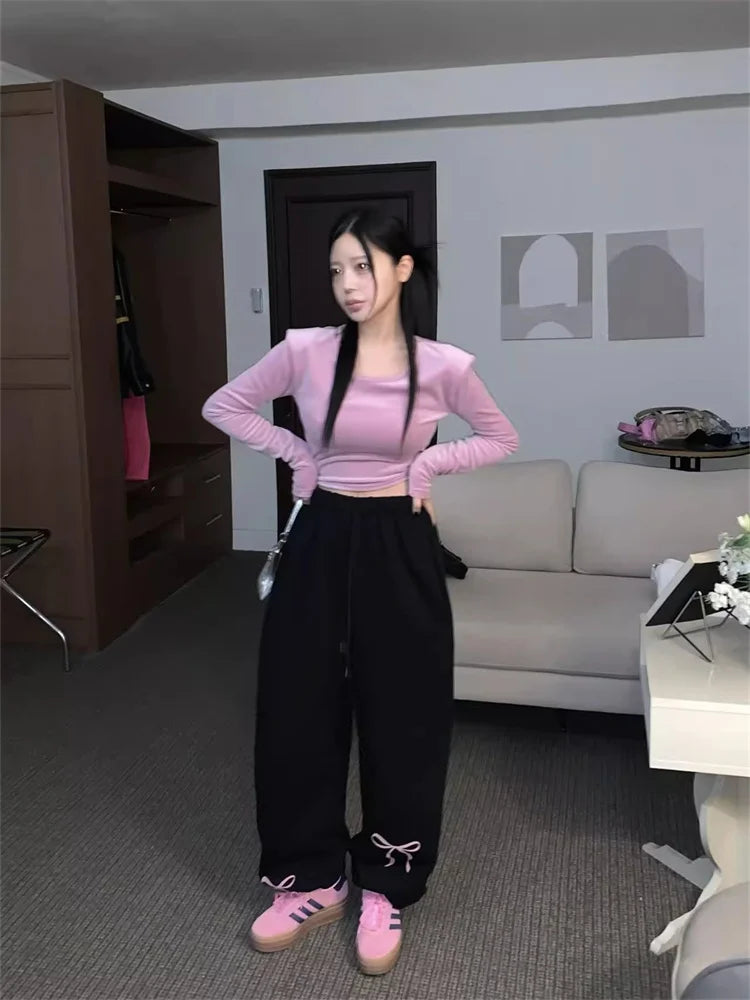 maoxiangshop -  Korean Fashion Fleece Sweatpants Women Y2K Bow Print Brushed Pants Oversized Winter Fairycore Wide Leg Joggers Pants