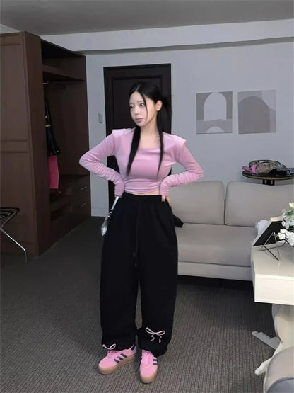 maoxiangshop -  Korean Fashion Fleece Sweatpants Women Y2K Bow Print Brushed Pants Oversized Winter Fairycore Wide Leg Joggers Pants