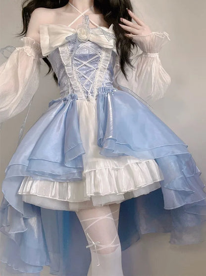 maoxiangshop French Romantic Style Lolita Op Elegant Girl Cosplay Princess Puff Sleeve Ribbon Bowknot Flower Tunic Mesh Fantastic Fairy Dress