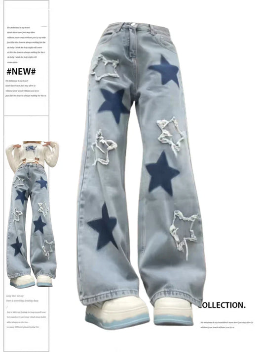 maoxiangshopWomen's Baggy Blue Star Jeans Vintage Y2k 90s Aesthetic Denim Trousers Harajuku High Waist Wide Cowboy Pants 2000s Clothes