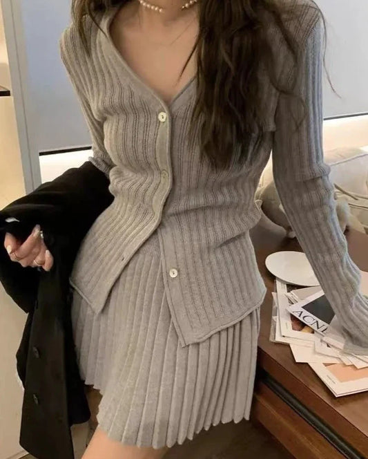 maoxiangshop Korean Elegant Pleated Skirt 2 Piece Set Slim Button Knitted Cardigan High Waist Mini Skirt Outfits Women Autumn OL Suit Clothes