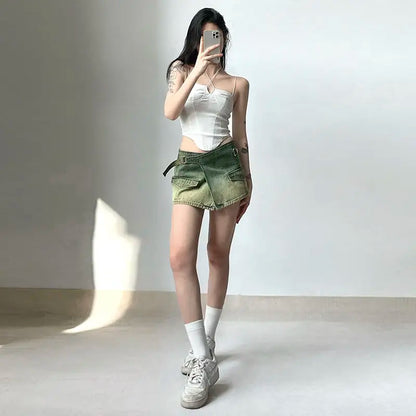 maoxiangshop  -  Y2k Punk Mini Skirts Women Green Vintage Denim Low Waist Hotsweet Streetwear Chic Safari Style Irregular Harajuku Gothic Summer