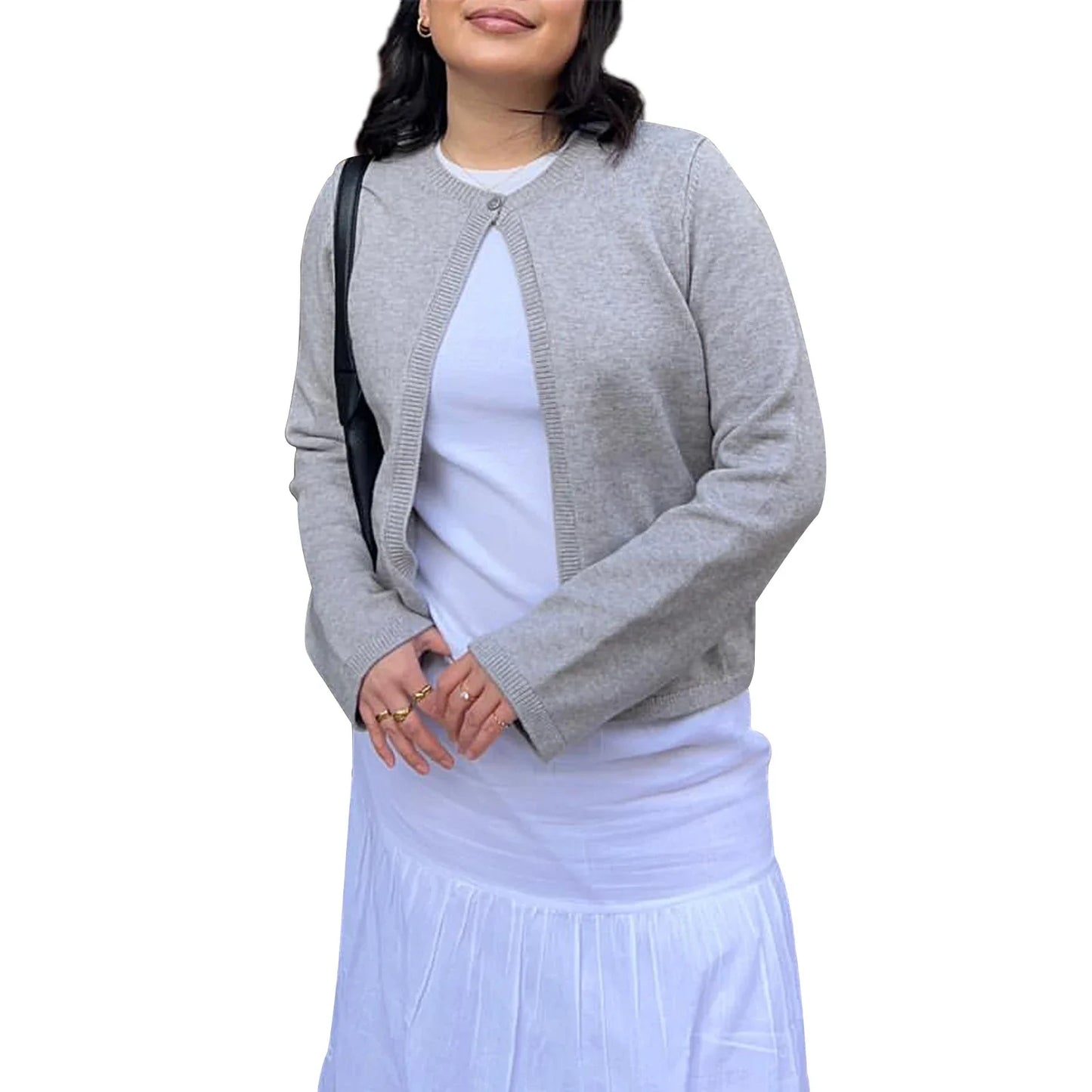 maoxiangshop  -  Women One Button Knit Cardigan 2024 Autumn Knitwear Round Neckline Long sleeve Solid Color Cardigan Rib Jumpers