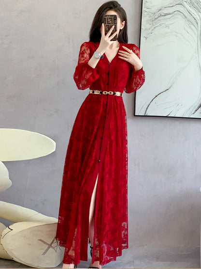 maoxiangshop Designer Fashion Autumn Dress Women Sexy V Neck Full Sleeve Red Lace Hollow Out Flower Elegant Long Dresses With Belt