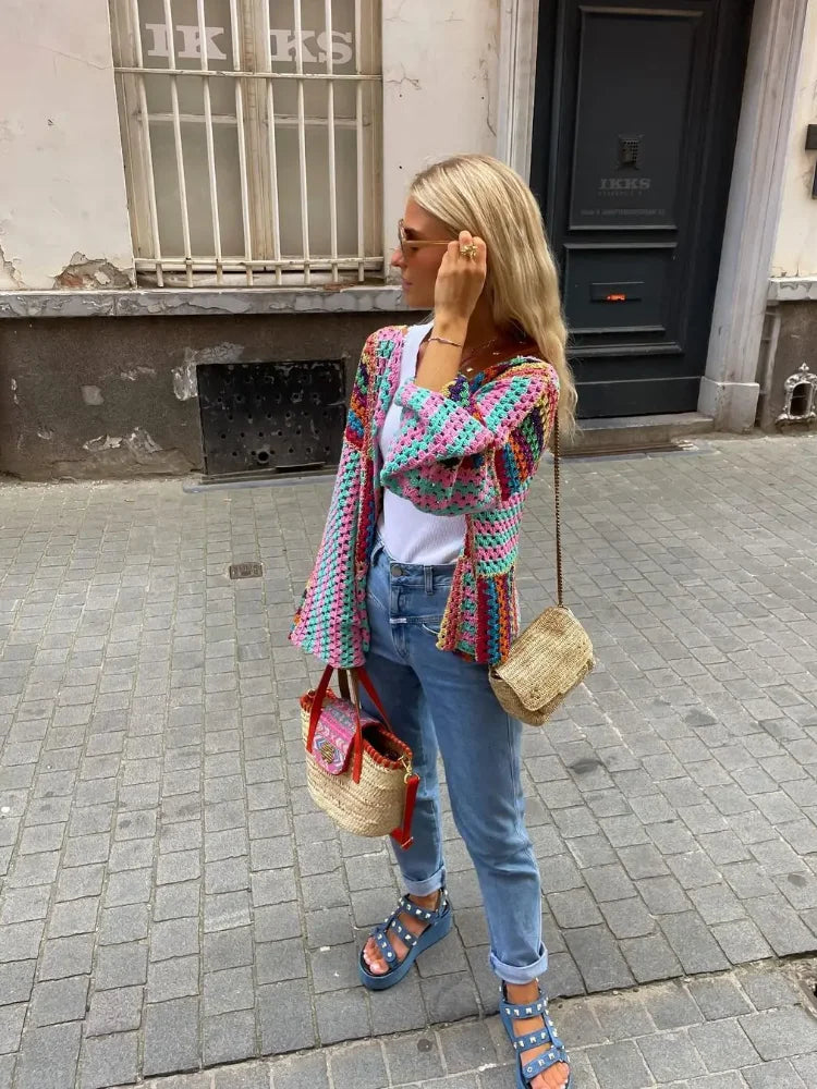 maoxiangshop -  Colorful Knit Hollow Out Cardigan For Women Open Front Loose Long Sleeve Sweater Tops Spring Autumn Chic High Streetwear