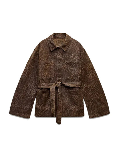 maoxiangshop  -  Leopard Jacket Women Lace up Lapel Autumn Coffee Print Women's Shirts Pockets Loose Casual Outerwears Female High Street Hipster