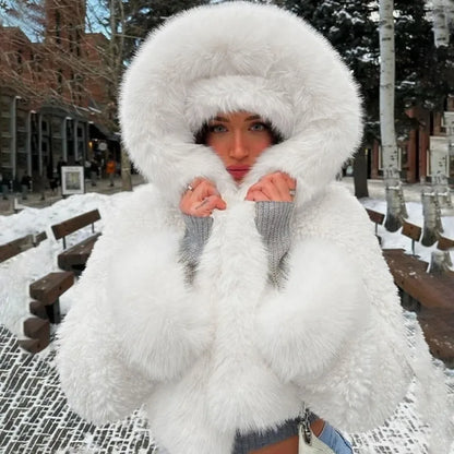 maoxiangshop  -  Winter Women's White Short Faux Fur Coat Fashion Y2K Hoodie Jacket Long Sleeve Thick Warm Fluffy Fur Coat Female Outfits