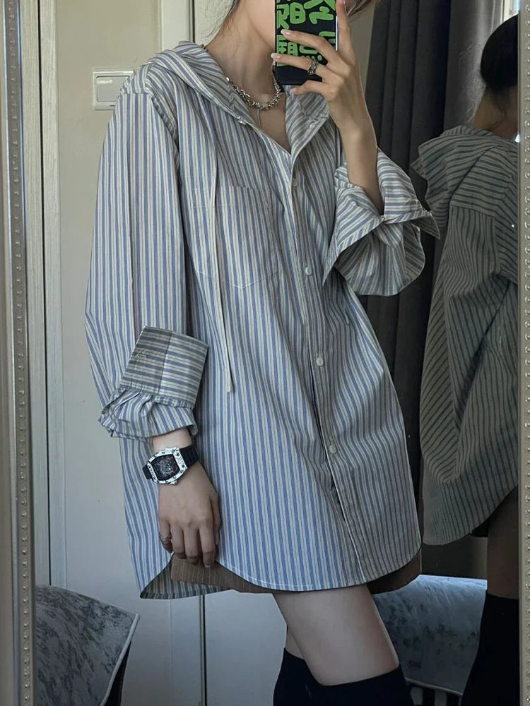 maoxiangshop Autumn Striped Shirts Women Oversized Long Sleeve Top Female Korean Casual Hooded Shirt Ladies Harajuku Single Breasted Blouse
