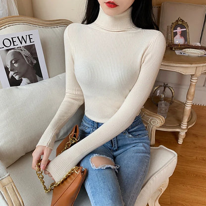 maoxiangshop 2024 Autumn Winter Women Long Sleeve Knitted Foldover Turtleneck Ribbed Pull Sweater Soft Warm Femme Jumper Pullover Clothes