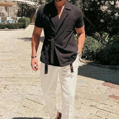 maoxiangshop Summer Solid Color Linen Short-sleeved Shirt Suit Lapel Strap French Elegant Gentleman Loose Casual Simple Top Men's Clothing