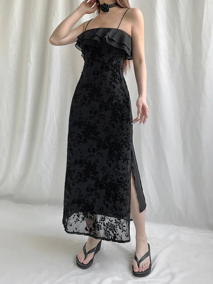 maoxiangshop Floral Mesh Double Layers Sleeveless Sundress Black Turn-down Ruffle Strapless Straight Long Dress Beach Holiday Robe