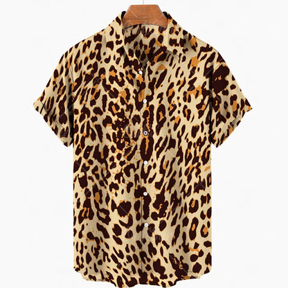 maoxiangshop Short Sleeve Leopard Men's Shirts For Man Clothing Hawaiian Fashion 3D Print Thin Lapel Floral Casual Oversized Imported Camisa