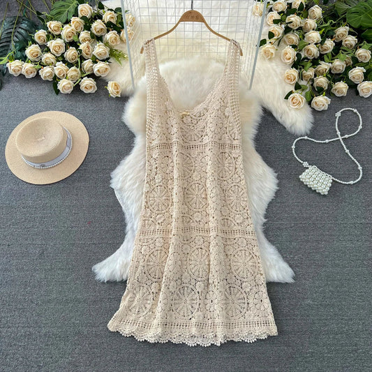 maoxiangshop Bohemian Beach Style Summer Dress Women Crochet Hollow Out Female Dresses Spaghetti Strap Sleeveless Vestidos De Mujer