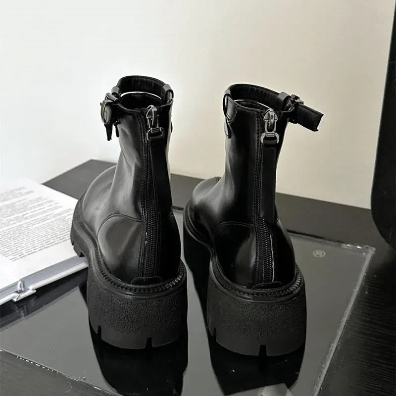 maoxiangshop  -  Autumn Winter Chunky Platform Boots Women Soft Leather Stretch Ankle Boots Fashion Belt Buckle Back Zip Design Knight Boots